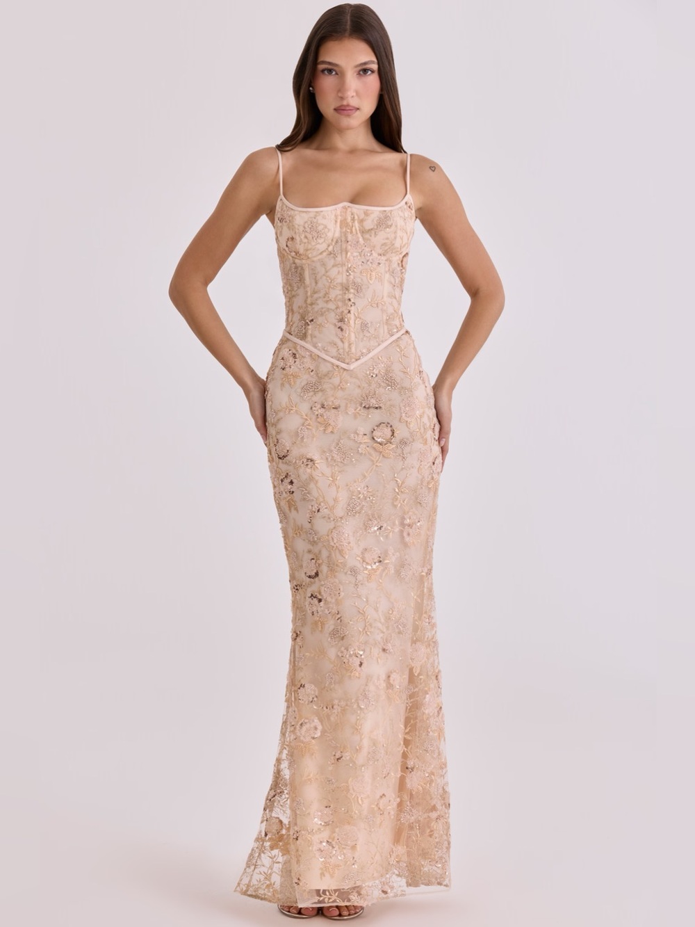 House of CB NAIMA Peach Hand Beaded Embellished Corset Maxi Dress - Limited